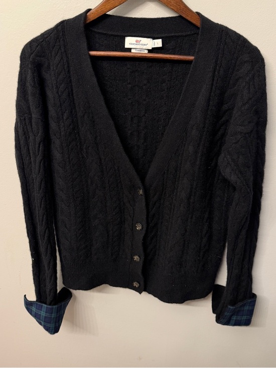 Vineyard Vines Sweaters - Vineyard Vines Black Cashmere Button Cardigan with Plaid Cuff Detail